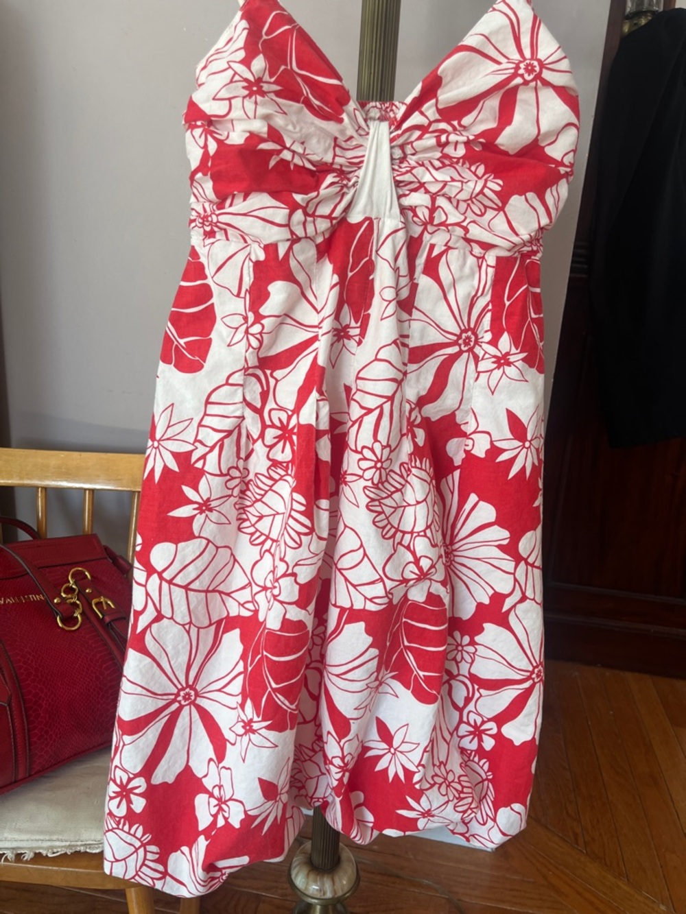 Strappy Floral Mini Dress in Red & White